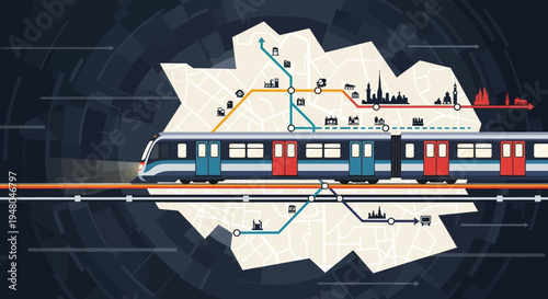 A modern subway train moving along tracks with a detailed city transport map and skyline in the background, illustrating urban mobility and connectivity.