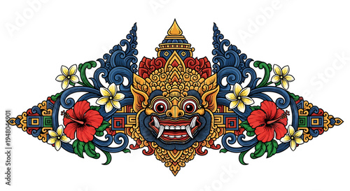 Vibrant traditional Balinese-inspired mythical mask illustration, a golden guardian adorned with tropical flowers and intricate cultural patterns, embodying ancient folklore and ornate decorative art