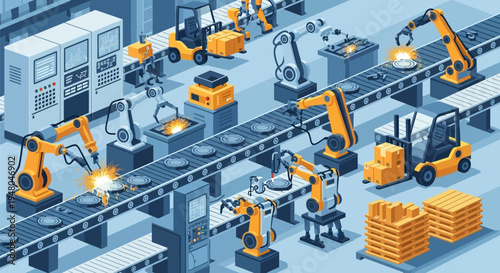 Industrial Robots and Machinery in Factory Setting.