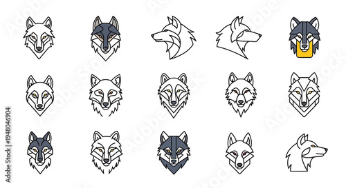 Diverse collection of stylized wolf head illustrations featuring modern geometric, minimalist line art, and abstract designs, ideal for logos, mascots, branding, or wilderness-themed graphic projects