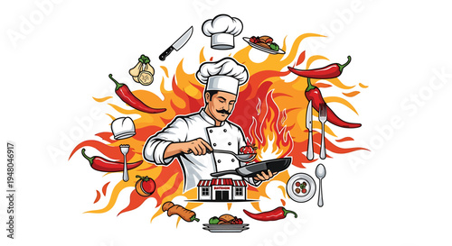 Dynamic chef passionately preparing a fiery and delicious meal, surrounded by sizzling ingredients and kitchen essentials, embodying the art of gourmet cooking