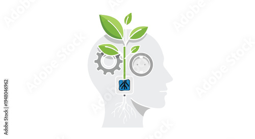 Isolated illustration of human head with growing plant, gear, and roots symbolizing intellectual growth. isolated PNG with Transparent Background