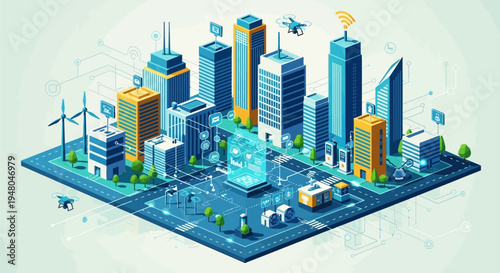 Isometric Cityscape with Modern Buildings and Technology.