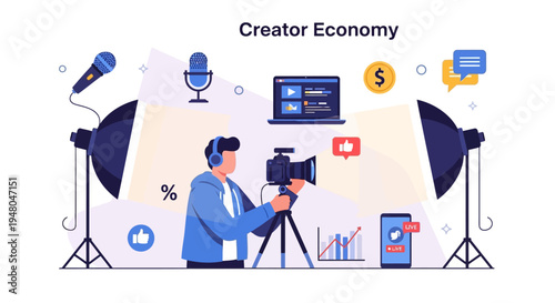 Man Creating Content with Camera and Microphone.