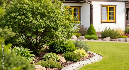 A well manicured garden in front of a house with white walls and yellow window frames
