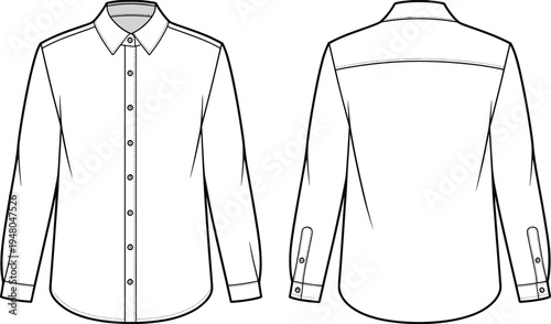 Men long sleeve button up shirt template front and back view, blank apparel mockup, cad drawing flat vector illustration