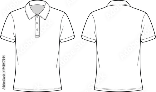Men short sleeve polo shirt template front and back view, casual sports apparel mockup, cad drawing flat vector illustration
