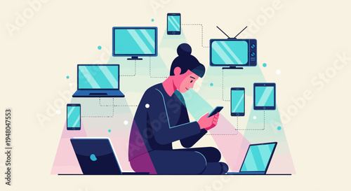 Man Surrounded by Multiple Computer Screens and Devices.