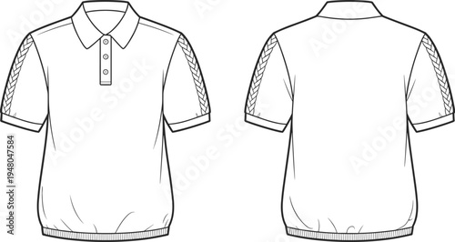 Men short sleeve polo shirt with braided sleeve detail template front and back view, cad drawing flat vector illustration