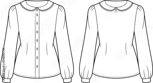 Women long sleeve blouse template front and back view, elegant fashion apparel mockup, cad drawing flat vector illustration