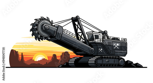 Vector illustration of a powerful industrial mining excavator with a rotary cutter, extracting resources against a dramatic desert sunset, symbolizing heavy industry's might