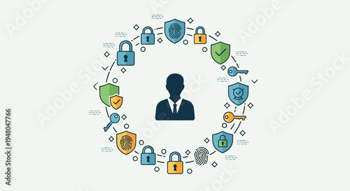 Man Surrounded by Security Icons and Symbols.