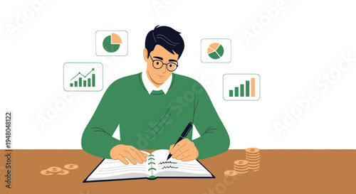 Man analyzing financial charts and writing notes, with coins and graphs symbolizing growth.