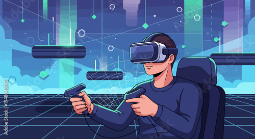 Man Wearing Virtual Reality Headset and Controllers.