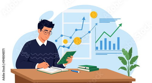 Man analyzing financial growth charts and data on a tablet, coins and upward trend arrows.
