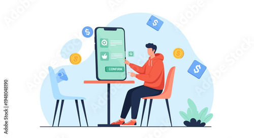 Man confirming online payment on mobile phone, digital transaction, financial concept