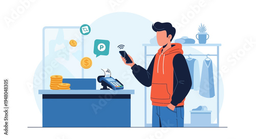 Man paying with smartphone at checkout counter with credit card terminal and coins