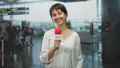 Konstfotografi Woman with short hair wearing white blouse holding red microphone close to mouth while smiling at camera in busy airport terminal; cheerful reporting