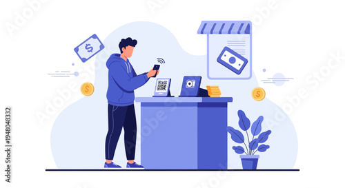 Man paying with smartphone using QR code at checkout counter in store