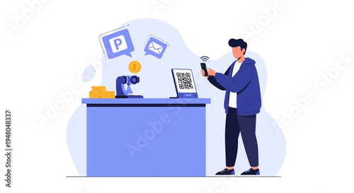 Man paying with smartphone via QR code at checkout counter, contactless payment