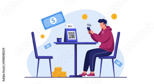 Man paying bill via QR code on smartphone at cafe table with coins and banknotes