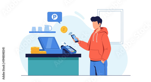 Man paying with smartphone at contactless payment terminal, cashless transaction