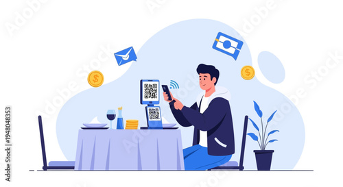 Man paying with smartphone via QR code at restaurant table, contactless payment