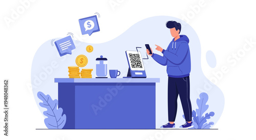 Man Pays with Smartphone QR Code at Counter, Contactless Payment, Digital Transaction