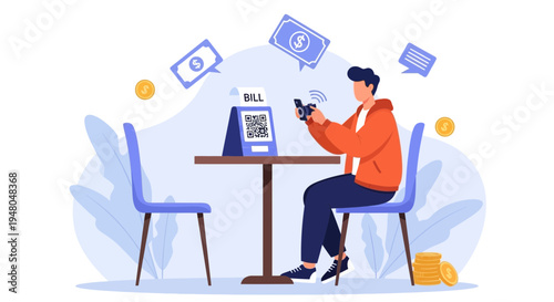 Man scanning QR code on bill for contactless payment at cafe table with coins