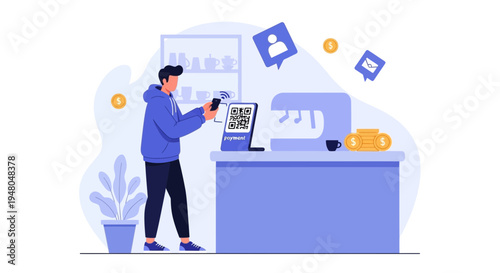 Man scanning QR code on phone at counter for contactless payment or online order