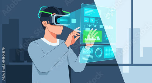 Man Wearing Virtual Reality Headset Interacting with Digital Interface.