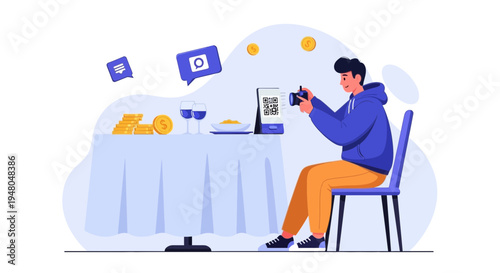 Man scanning QR code on restaurant table for contactless payment or menu access