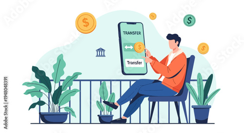 Man transferring money via mobile app on balcony with plants and coins