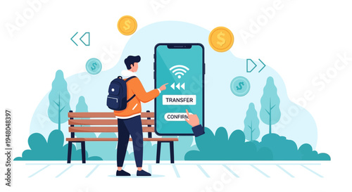 Man transferring money via mobile banking app in park, digital finance concept