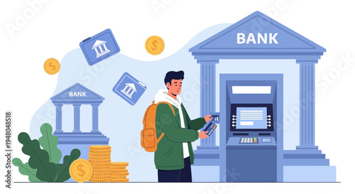 Man using ATM outside bank, withdrawing money, financial transaction, banking concept