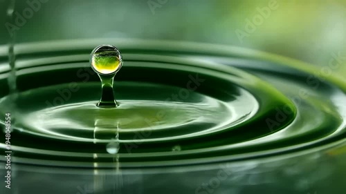 Water droplet falling into green liquid.