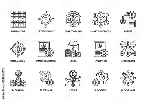 Collection of icons representing various cryptocurrency and blockchain concepts