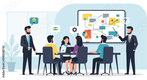 Business team brainstorming meeting in colorful flat design for corporate presentation