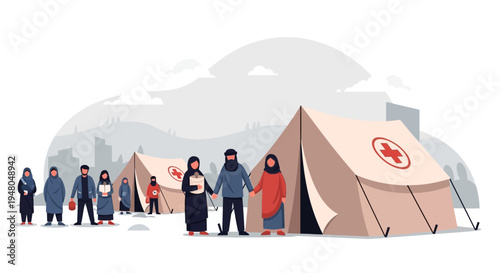 Medical Tents with People Standing Nearby.