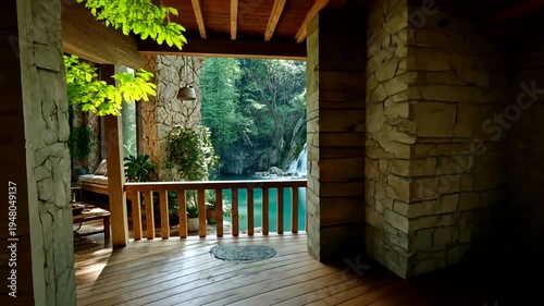 Waterfall View from Wooden Deck Patio.