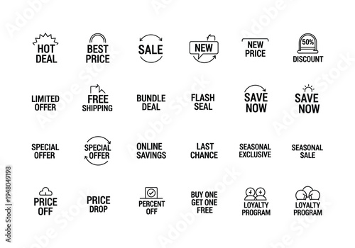 Collection of various sale and discount label icons for retail promotions