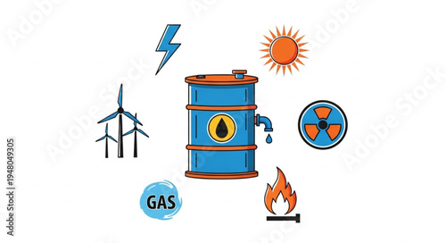 Diverse Energy Sources Illustration - Oil, Sun, Wind, Nuclear, Gas, Fire, Electricity.