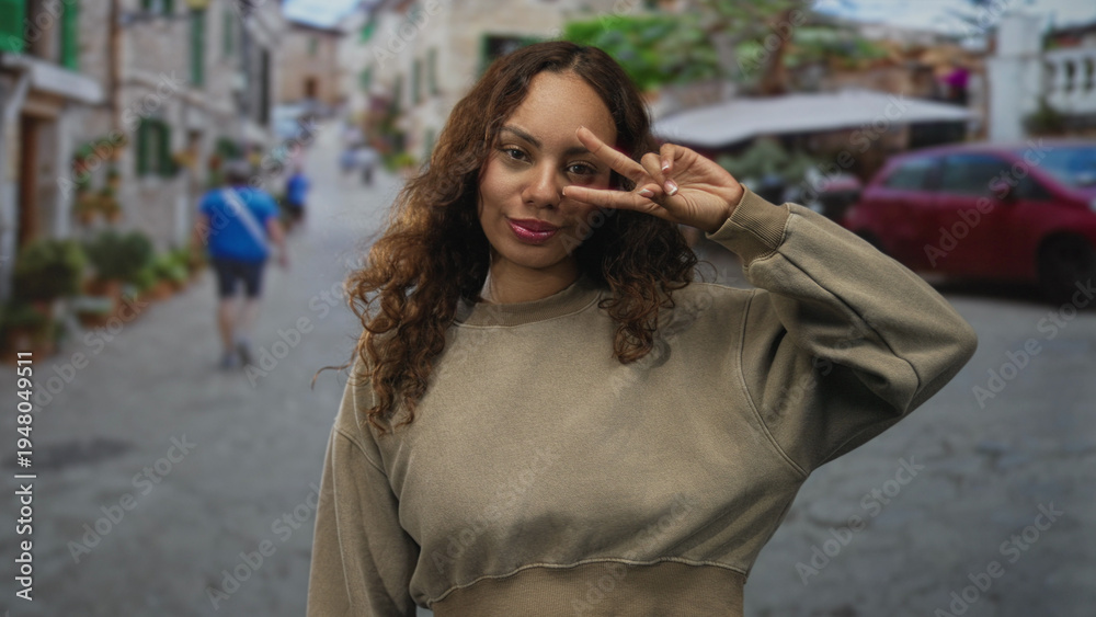 Fototapeta premium Woman flashing peace sign by eye on a cobblestone street with blurred passerby and parked car; youthful playful confidence.
