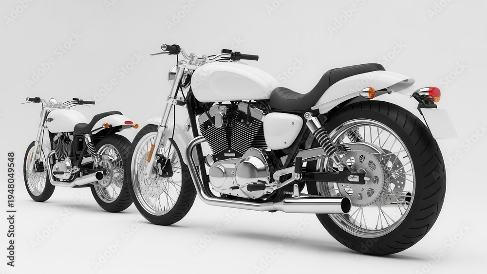 Fototapeta premium Two white motorcycles parked side by side on a plain surface