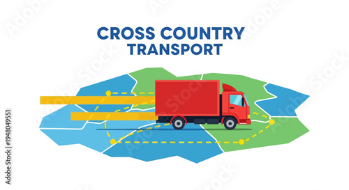 An illustration depicting a red delivery truck moving rapidly across a stylized map with yellow speed lines, symbolizing cross-country transport and logistics.