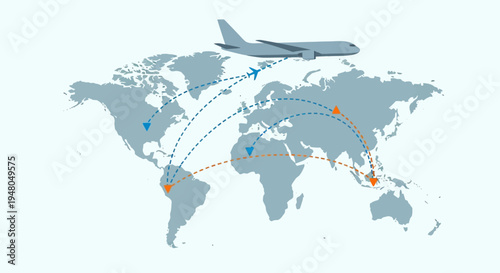 World map with airplane illustrating global travel routes and international flight connections.