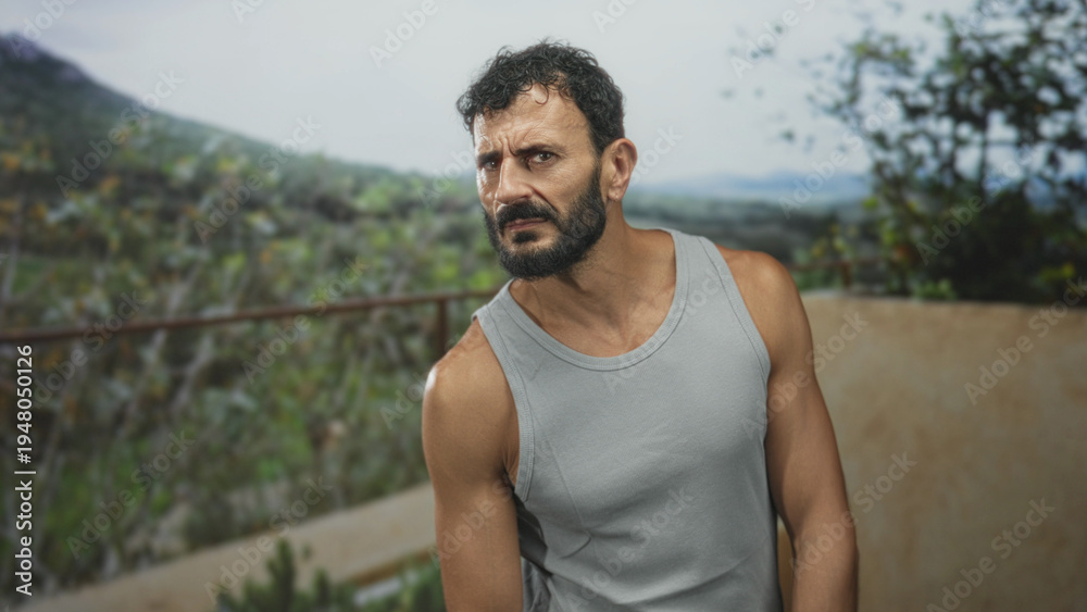 Fototapeta premium Man with beard and bare shoulder in a tank top tilts head and leans on a balcony railing on a building terrace overlooking hills; concern.