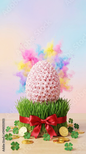 Decorative Easter egg on grass with colorful powder burst and festive ribbon, spring holiday celebration concept, seasonal decoration, Easter.