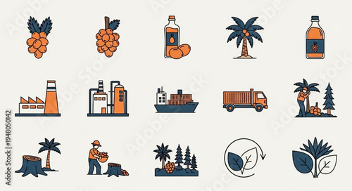 Deforestation and Palm Oil Production Icons Set.