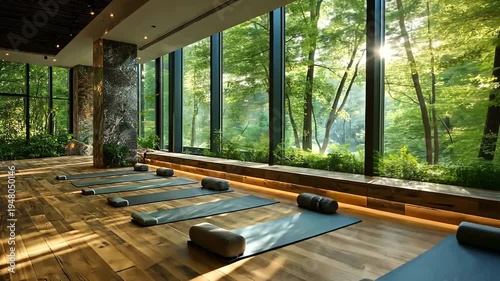 yoga studio with forest view.